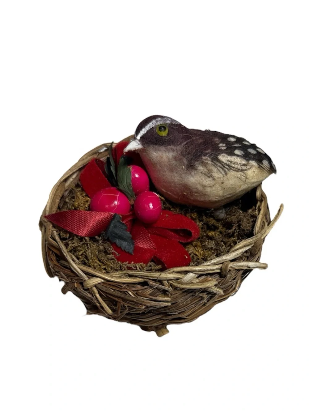 Vintage Handcrafted Bird in nest Christmas Ornament Berries good luck German